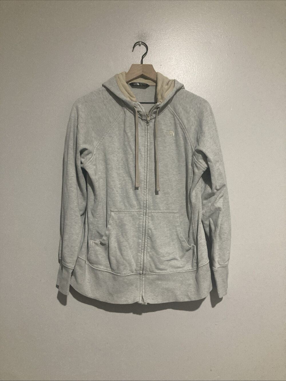 The North Face Womens Sz XL Full Zip Up Hoodie Sweatshirt Light Grey And Beige